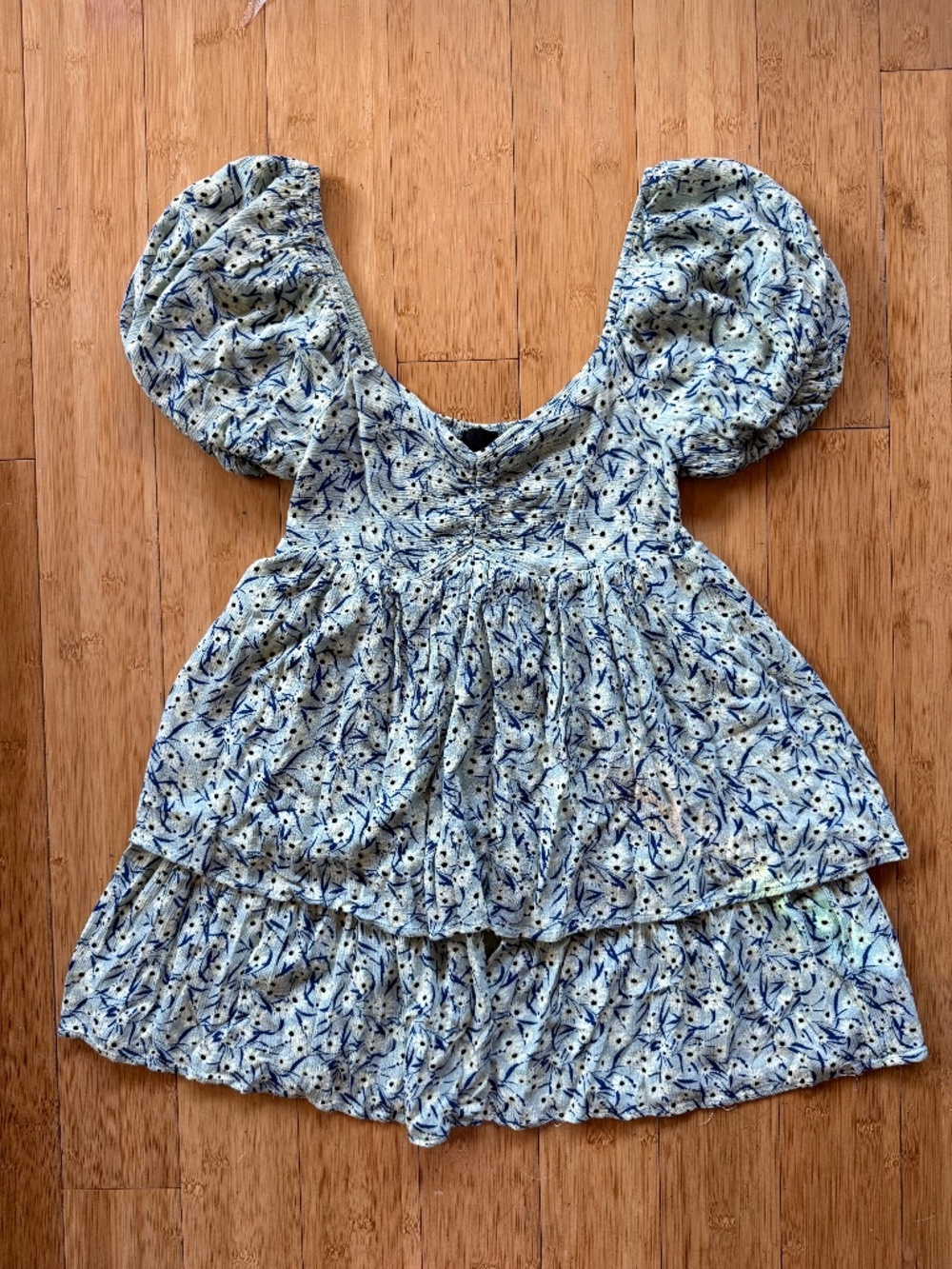 Anthropologie Lumiere Blue Floral Print Puff Sleeve Tiered Mini Dress Size Small